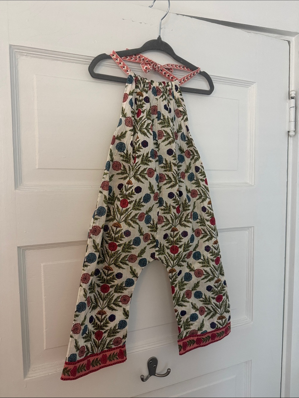 Pink Chicken Floral Print Cream Halter Jumpsuit with Pink Trim